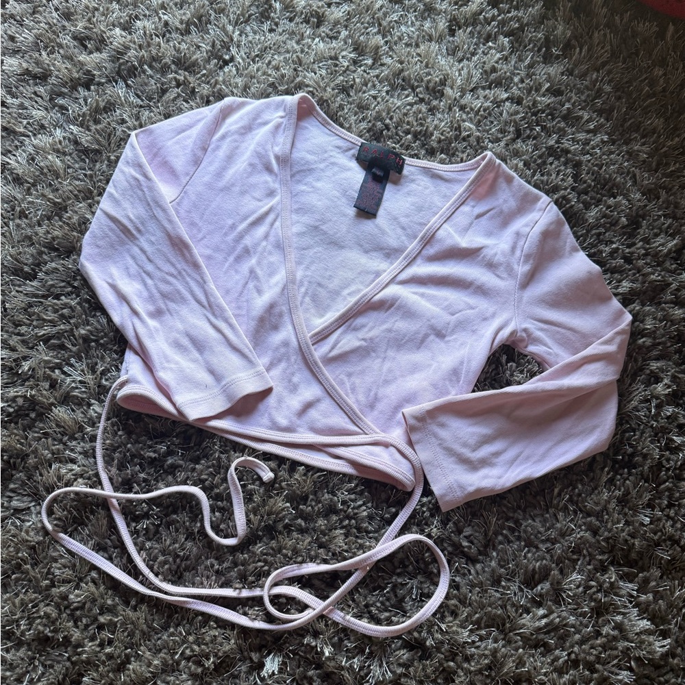 Pink midriff cropped crop top Wrap cotton blouse womens sz small Ralph Lauren